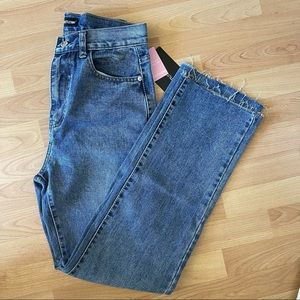 Mid blue wash long straight leg raw hem jeans